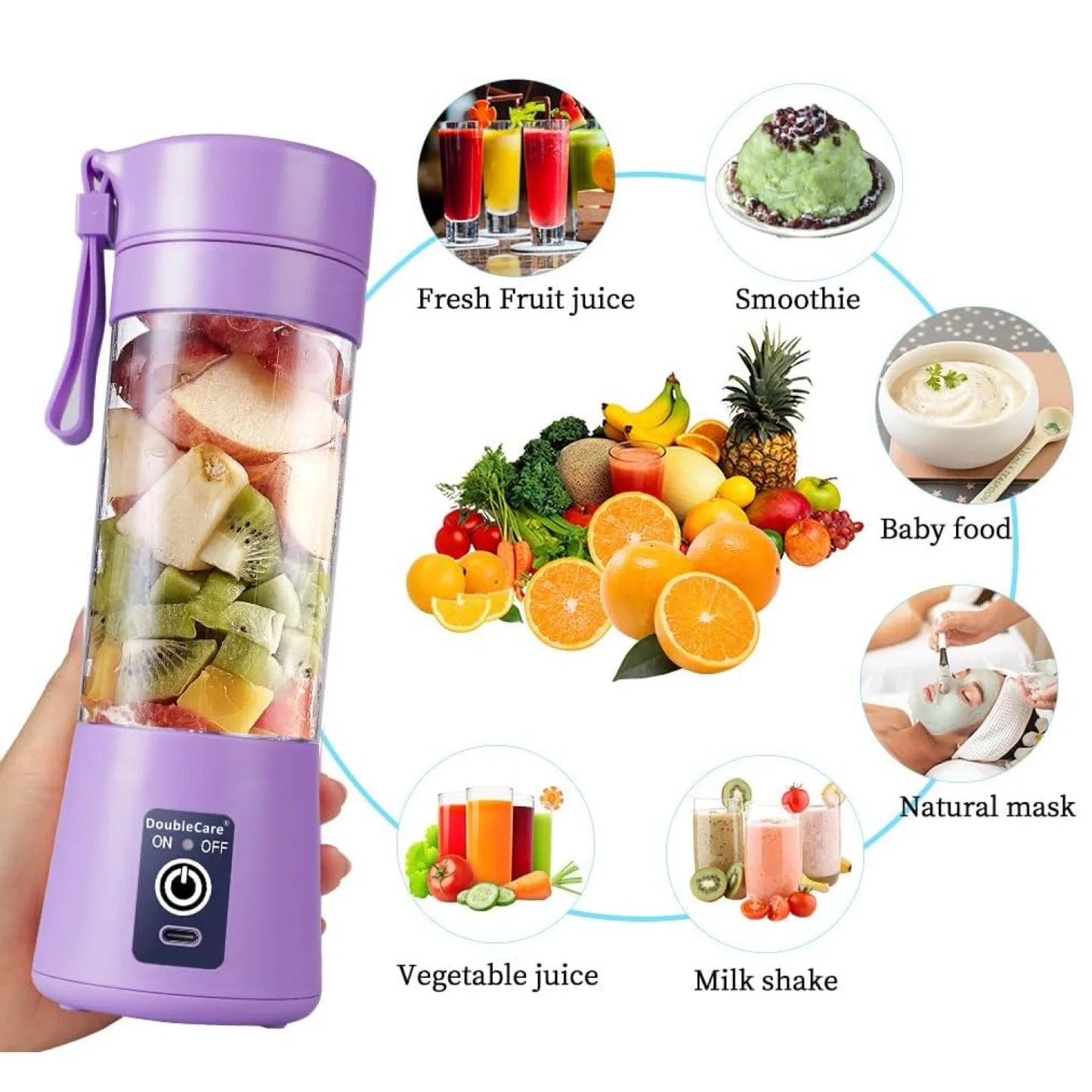 Portable USB Electric Juicer – 6-Blade Protein Shaker for Smoothies & Juice (Multicolour)
